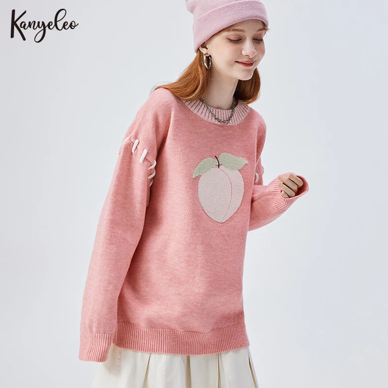 

Свободный длинный вязаный свитер с вышивкой, персиковая веревка для ручного нарезания, ремесленный разноцветный осенне-зимний круглый вырез