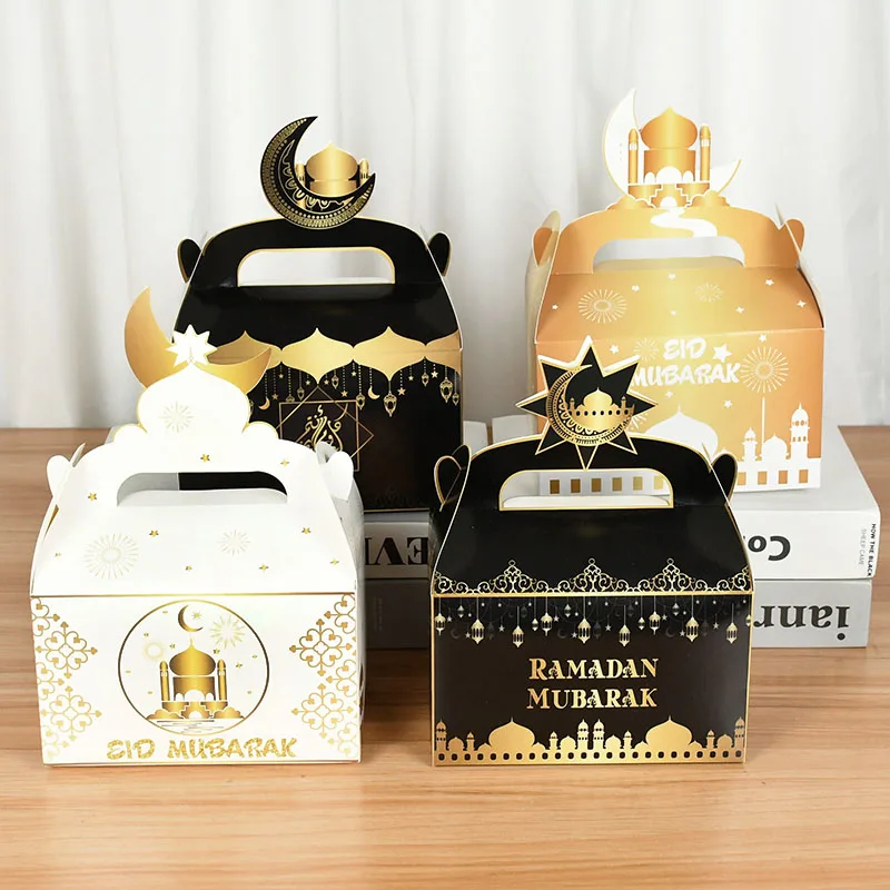 

4Pcs Eid Ramadan Mubarak Gift Box With Handle Carriage Candy Paper Boxes Bag Islamic Muslim Eid al-Fitr Party Decor Supplies