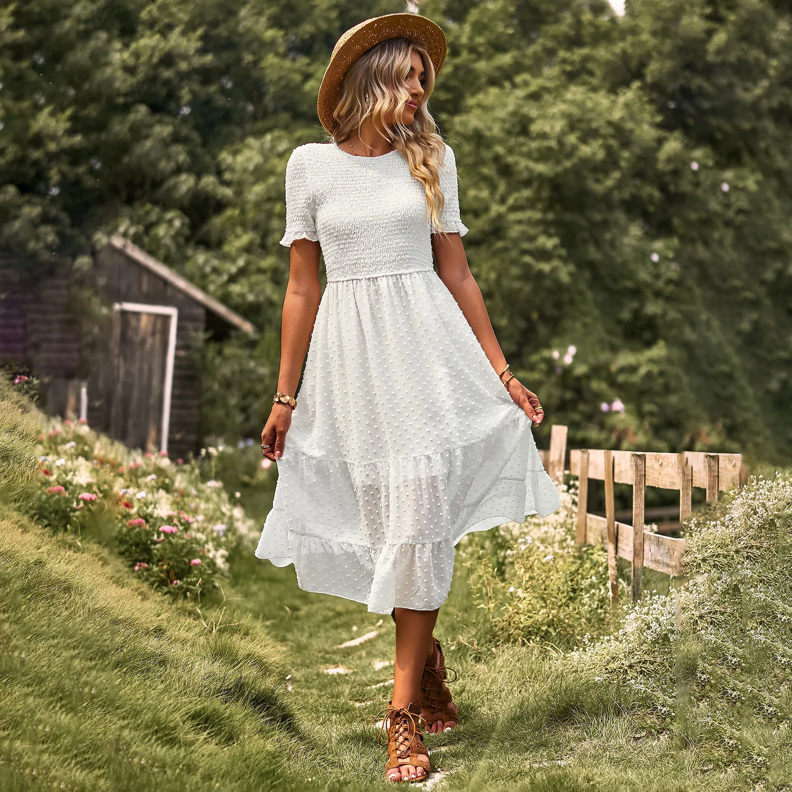 

2023 New Casual O Neck Lantern Sleeve Dress Women Loose Elegant Solid A-line Dress Lady Simple High Waist Pleated Summer Dress