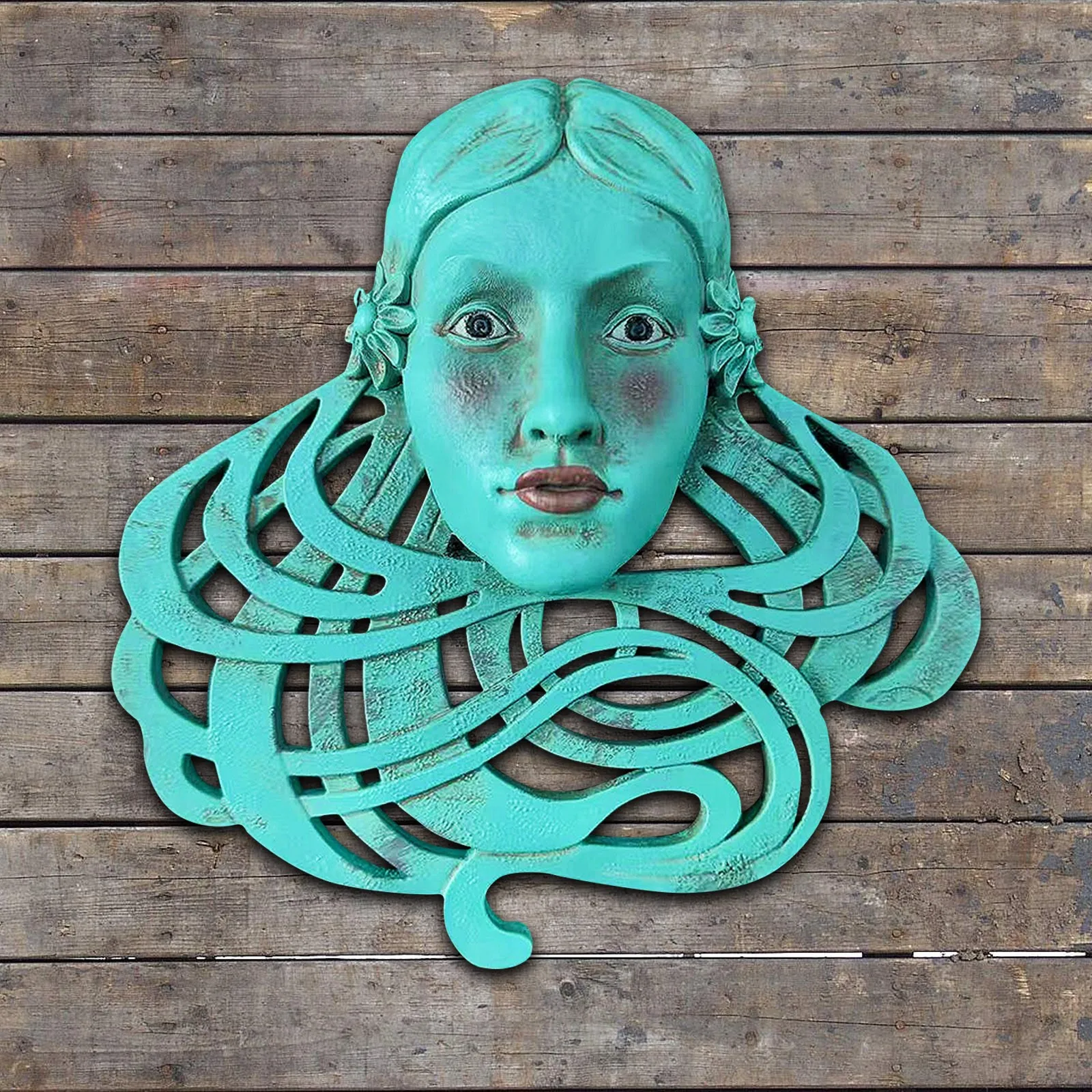 Ручная Резьба Большая Зачарованная Скульптура Лица Художественная Патина В