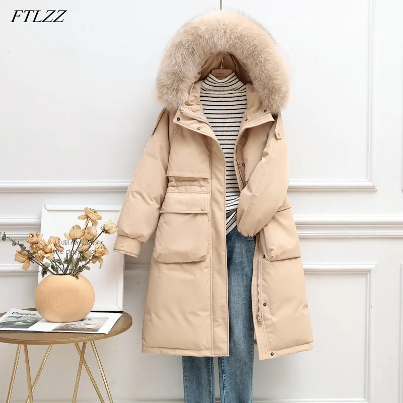 

FTLZZ Winter Women Down Long Jacket Large Natural Fur Collar Hooded Coat 90% White Duck Down Parkes Thickn Snow Warm Outwear