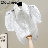 manual beaded large lapel organza jacquard blouse for women 2022 summer see through short sleeve shirt exquisite white top femme