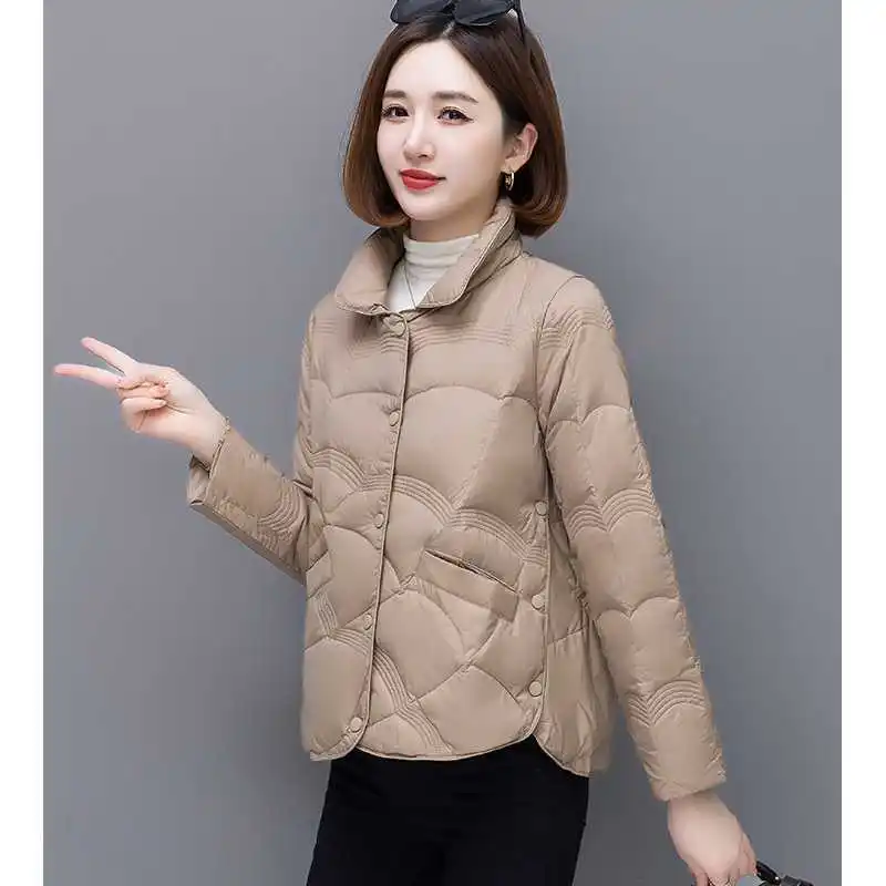 Lightweight Standing Collar Jacket Woman Winter 2023 Quilted Leather Coat Bomber Spring Demi-season Parka Female New