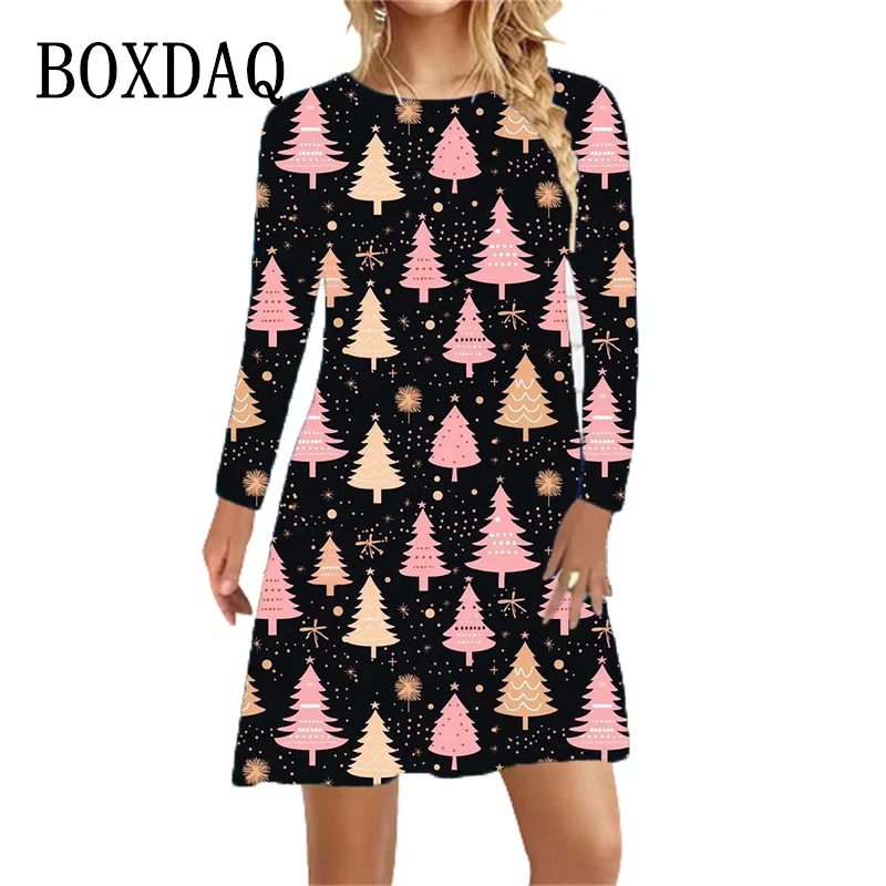 Рождественская елка Платье с принтом Женская новогодняя вечеринка Мини платье