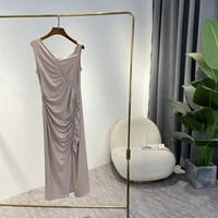 designer 2022 new solid white pink sleeveless asymmetrical neck side slit front draped ladies dress