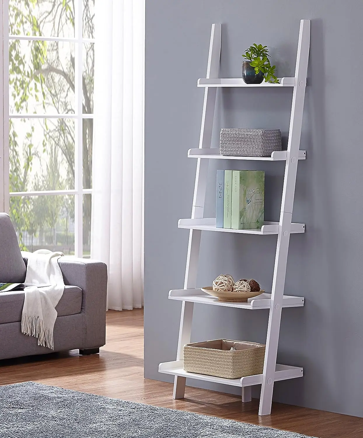 

Finish 5 Tier Bookcase Shelf Ladder Leaning - 72" Height