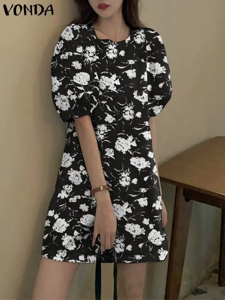 

2023 VONDA богемное женское мини-платье с цветочным принтом, повседневный свободный винтажный летний сарафан, модный элегантный халат с коротким рукавом-фонариком