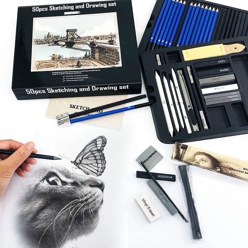 5h-8b Charcoal Graphite Stick Sketchbook Artists Graphing Kits With Organizer Case