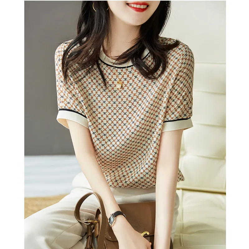 

2022 Summer New Satin Mulberry Silk Chiffon Short Sleeve T-shirt Women's Female Streetwear O Neck Tees Ladies Casual Tee Shirt