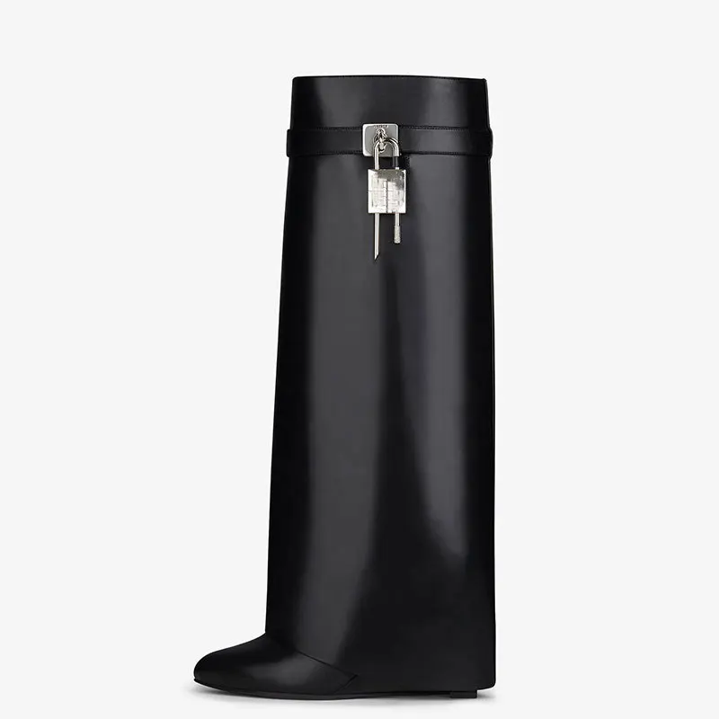 Women's New Knee High Boots Shark Lock Long Thick Soled High-heeled Boots Designer Luxury Brand Women's Leather Boots