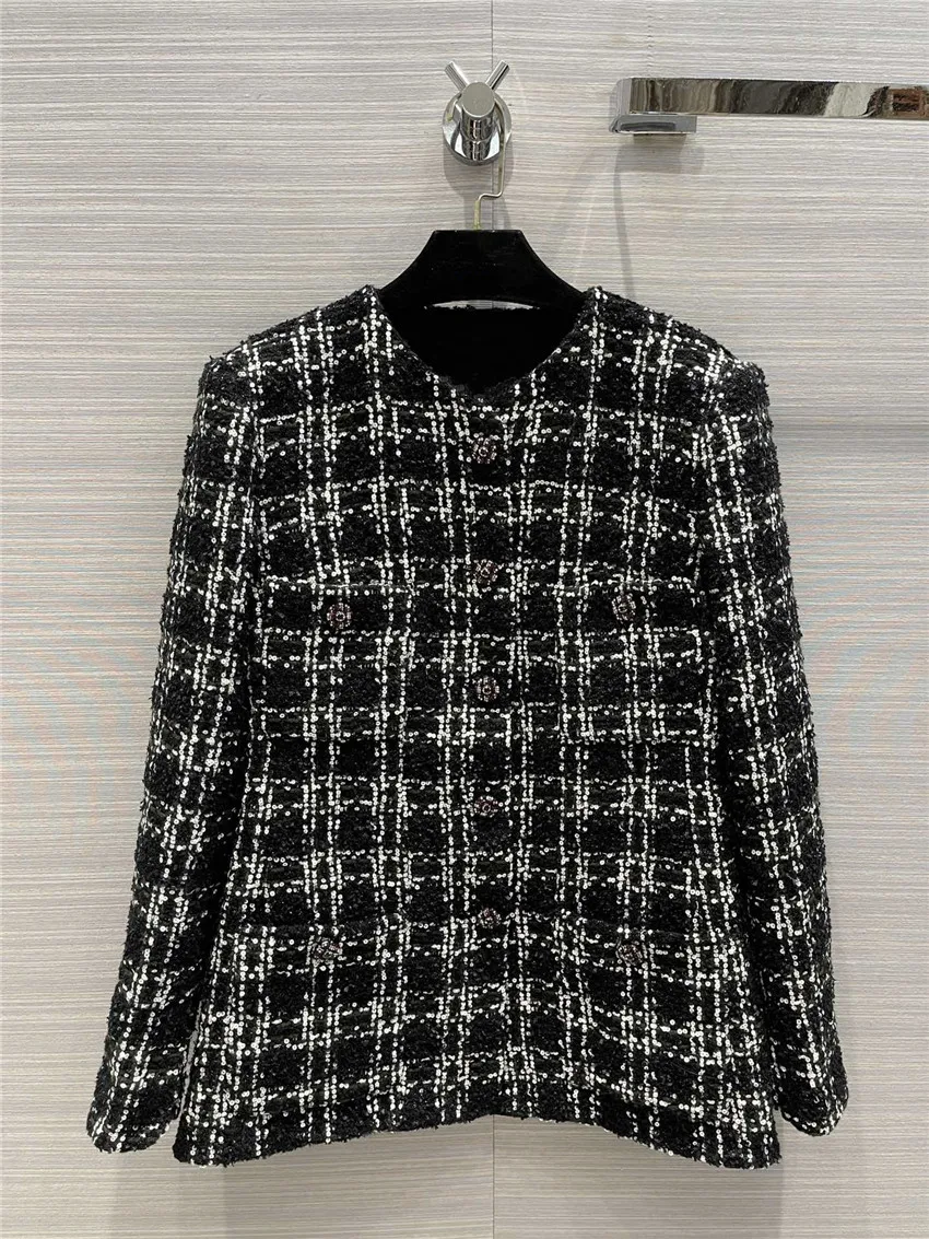 

Top Quality Women 100% Silk Lining Vintage Sequin Plaid Tweed Jacket