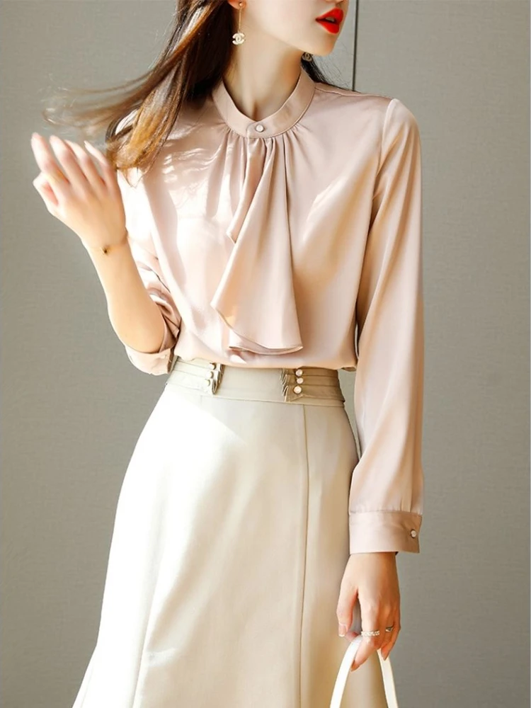 

Bow shirt high waist skirt high-end drape sense 2023 new goddess Fan Yujie A-line skirt suit skirt
