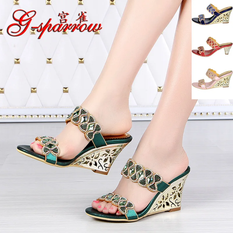 

Summer New High-End Sandals Rhinestone Women's Diamond Sandals Roman High Heel plus Size Wedge Shoes peep toe sandals