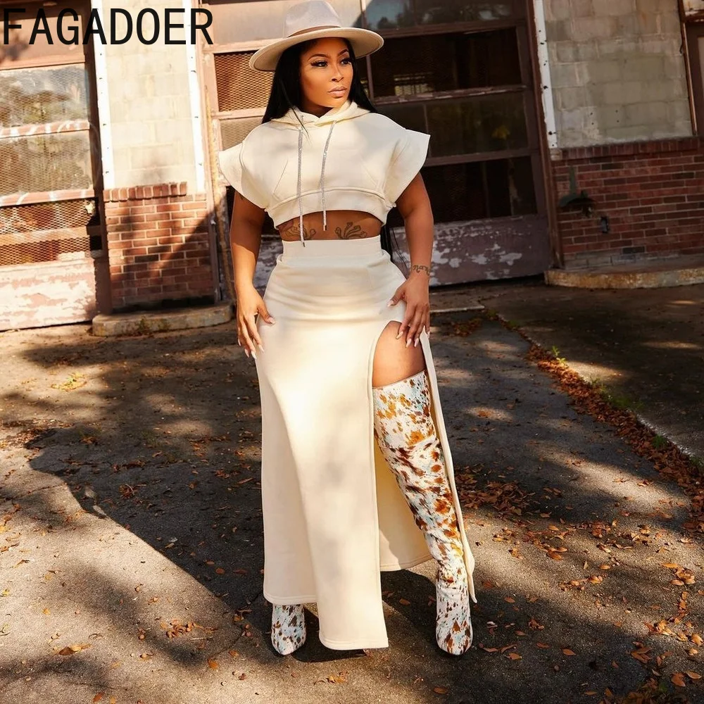 

FGADOER Fashion Plus Size Streetwear Skirt Sets S-5XL Women Solid Hooded Crop Top + High Side Slit Long Skirt Two Piece Outfits