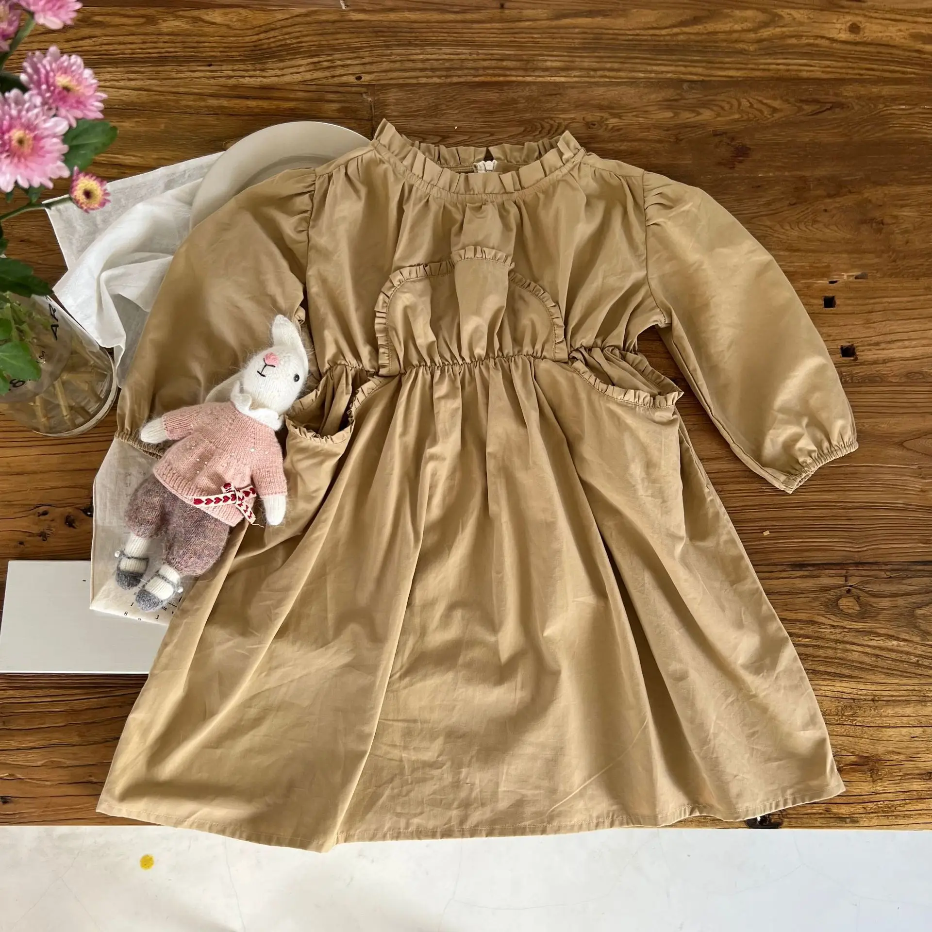 

2022 Autumn Kid Girl Big Pockets Long Sleeve Princess Dress Children Cotton Pure Color Fashion Loose Party Dresses Baby Clothing