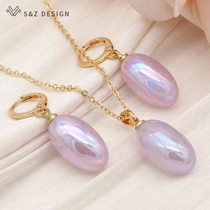 

S&Z DESIGN New Fashion Luxury Egg Shape Colorful Oval Bead Drop Earrings Jewelry Sets For Women Wedding Pendant Necklace Gift