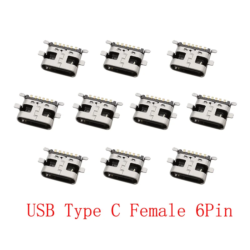 

10 шт., USB Type-C розетка, 6 контактов