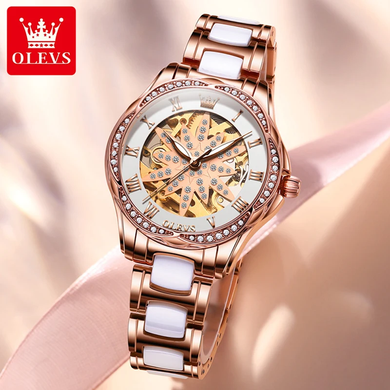 OLEVS New Trend Mechanical Women Watch Luxury Brand Rose Gold Ceramic Watches Waterproof High Quality Clock Womens Reloj Mujer