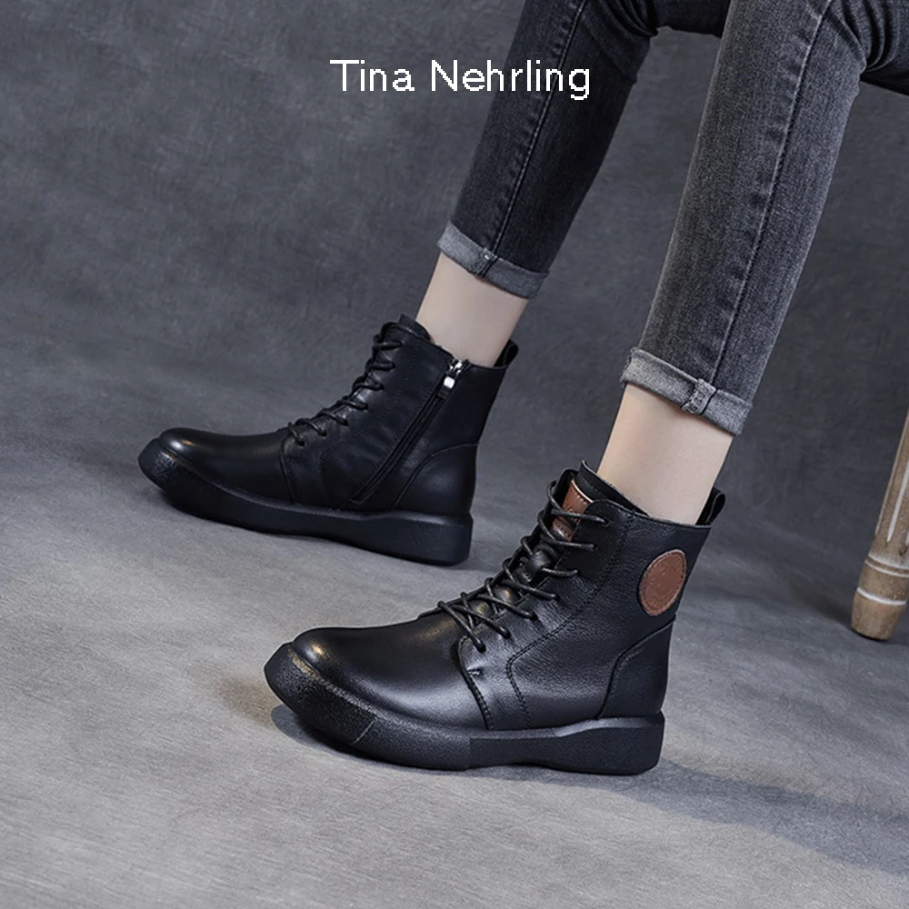 

TinaNehrling Leather Martin Boots Women's Autumn Winter Single Boots British Style Flat Thick Soled Shoes Casual Short Boots