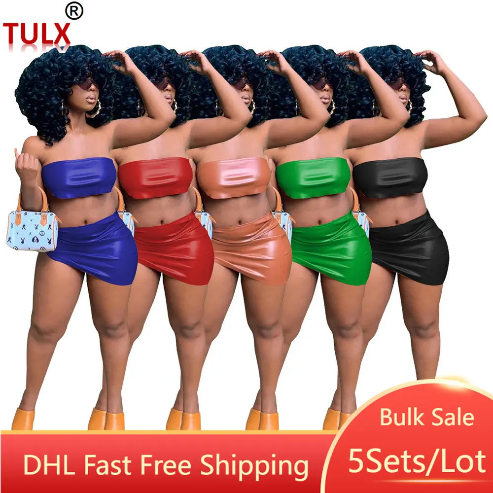 

5Sets Wholesale PU Two Piece Skirts Set Lace Strapless Crop Tube Tops +Side Shirring Mini Skirts Dress Women Sexy Outfits 9509