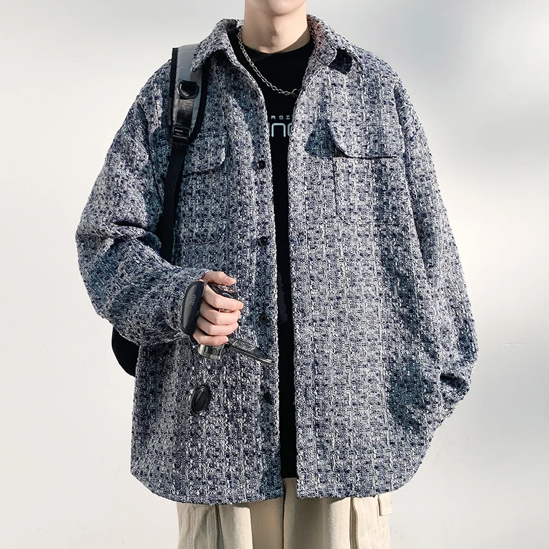 

Spring Autumn Premium Coat Shirts Men lapel Solid Loose Long Sleeve Brushed shirt Jacket Male Hip Hop Thick Korean Woolen Coat