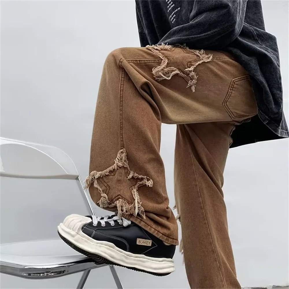 2022 New Fashion Stars Towel Embroidery Brown Baggy Men Jeans Pants Y2K Clothes Straight Hip Hop Cotton Trousers Pantalon Homme