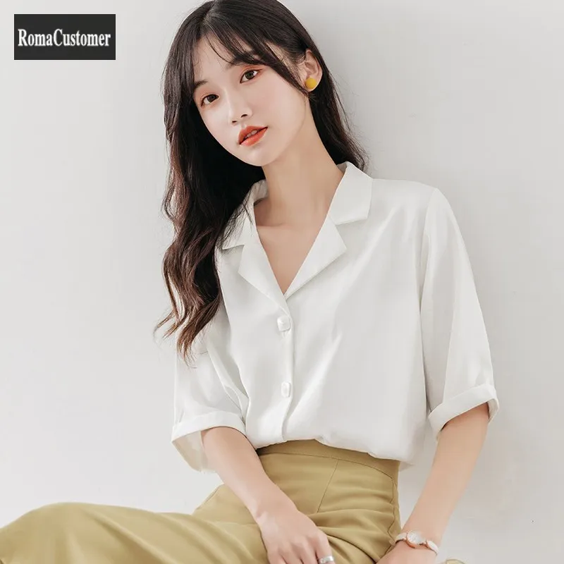 

Summer Womens New Solid Casual Shirt Elegant Straight All-Match Korean Version Loose Single Breasted Fashion Trend Blouse Female