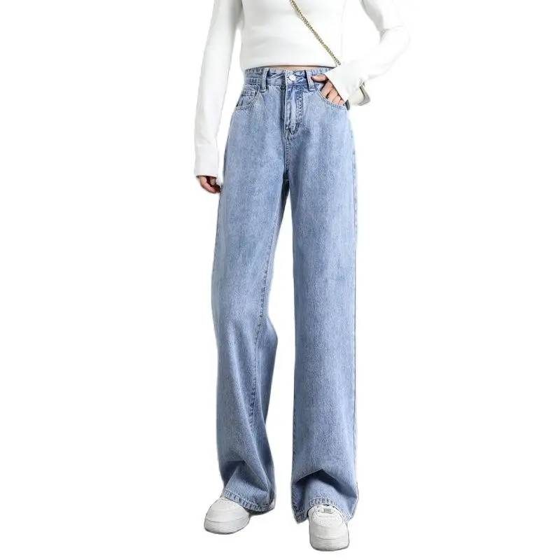 Female New Korean Spring And Summer Pure Cotton Fashion Jeans Women'S High Waist Casual Loose Straight Wide Leg Pants Trousers