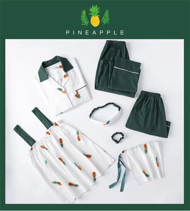 100% Cotton Pajamas Set Women Sweet Cartoon Print Full-Sleeve Shirt Pyjamas Top Soft Homewear Clothes Big Size 7PCS/Set