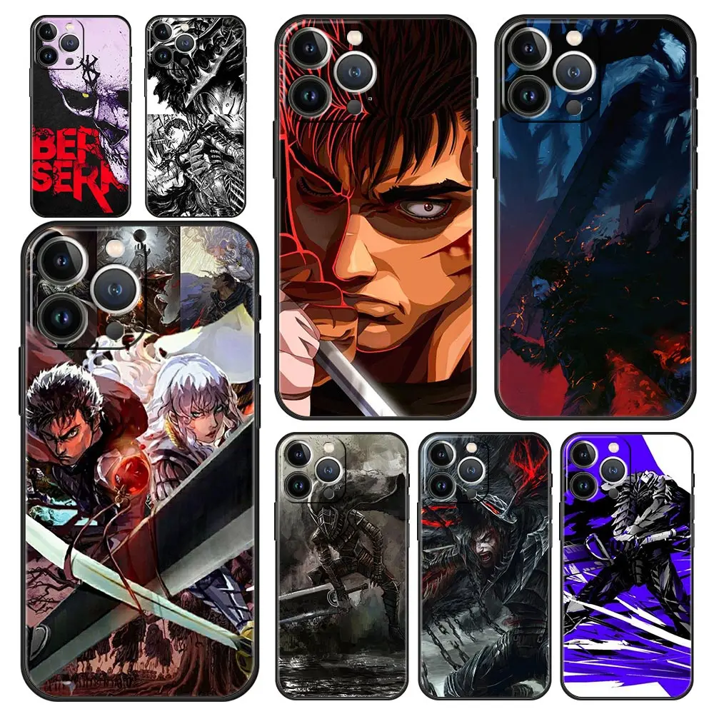 

Luxury Phone Case For iPhone 14 11 Pro Max 13 12 mini XS X XR SE3 7 8 Plus Soft Shockproof Black Anime Berserk Guts Cover Funda