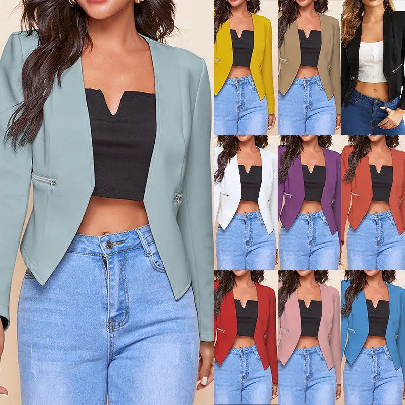 

New 2023 Fashion All-match Cropped Blazer Jacket Women Casual Black Zipper Jacket Women Blazers and Jackets