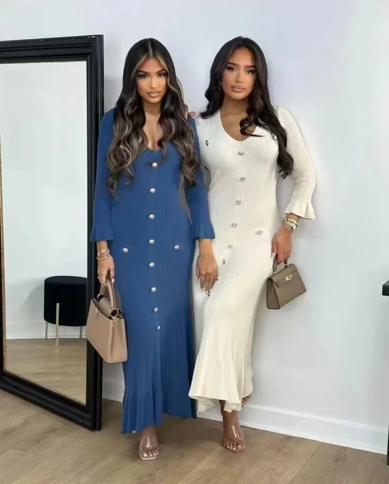 Женское однотонное трикотажное платье с V-образным вырезом и длинным рукавом