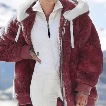 2022 Women's Autumn Winter Warm Faux Fur Coat Zipper Plush Hooded Cardigan Loose Jacket Plus Size Hood Outwear Overcoat 1