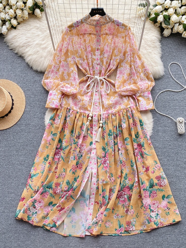 Женское винтажное длинное платье элегантное шифоновое на пуговицах с