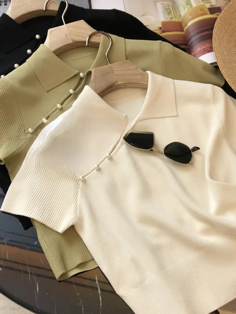 

Женская летняя футболка, новый укороченный топ, футболки в китайском стиле, топы чонсам, вязаные футболки с коротким рукавом, кавайная одежда в эстетике