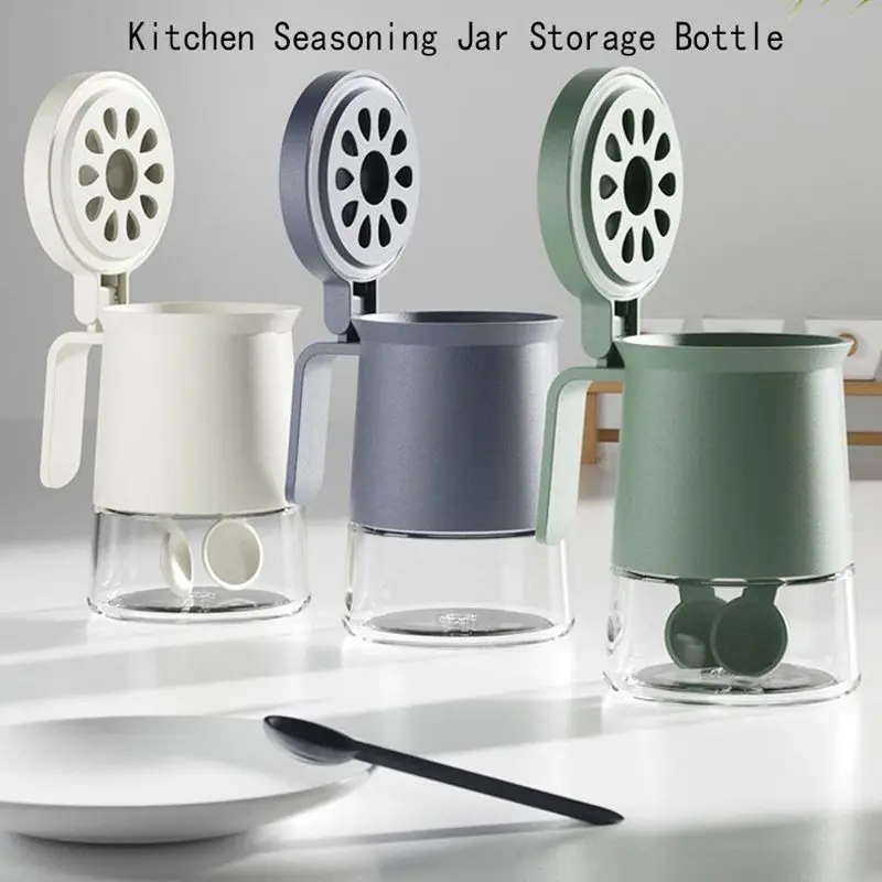 

Glass Seasoning Jar Moisture-proof Seasoning Bottle Kitchen with Spoon Lid All-in-one Storage Box Salt Pepper Shaker Set