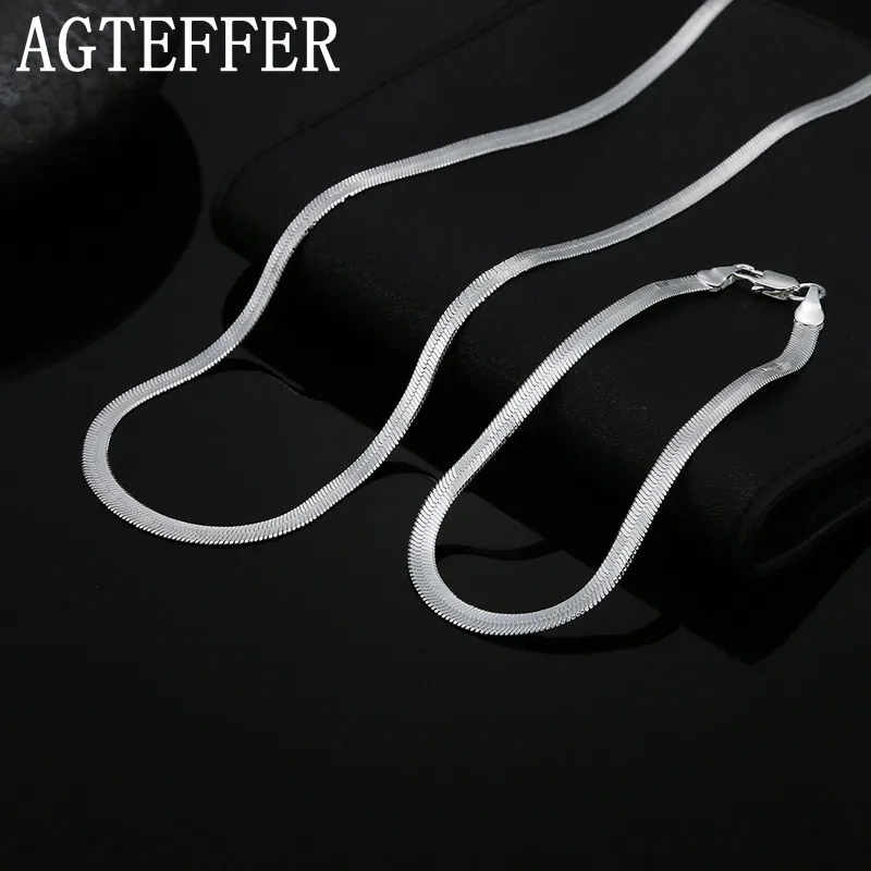 

AGTEFFER 925 Sterling Silver 4MM Flat Chain Bracelets Neckalce Set For Women Fashion Party Wedding Noble Jewelry Sets Gifts