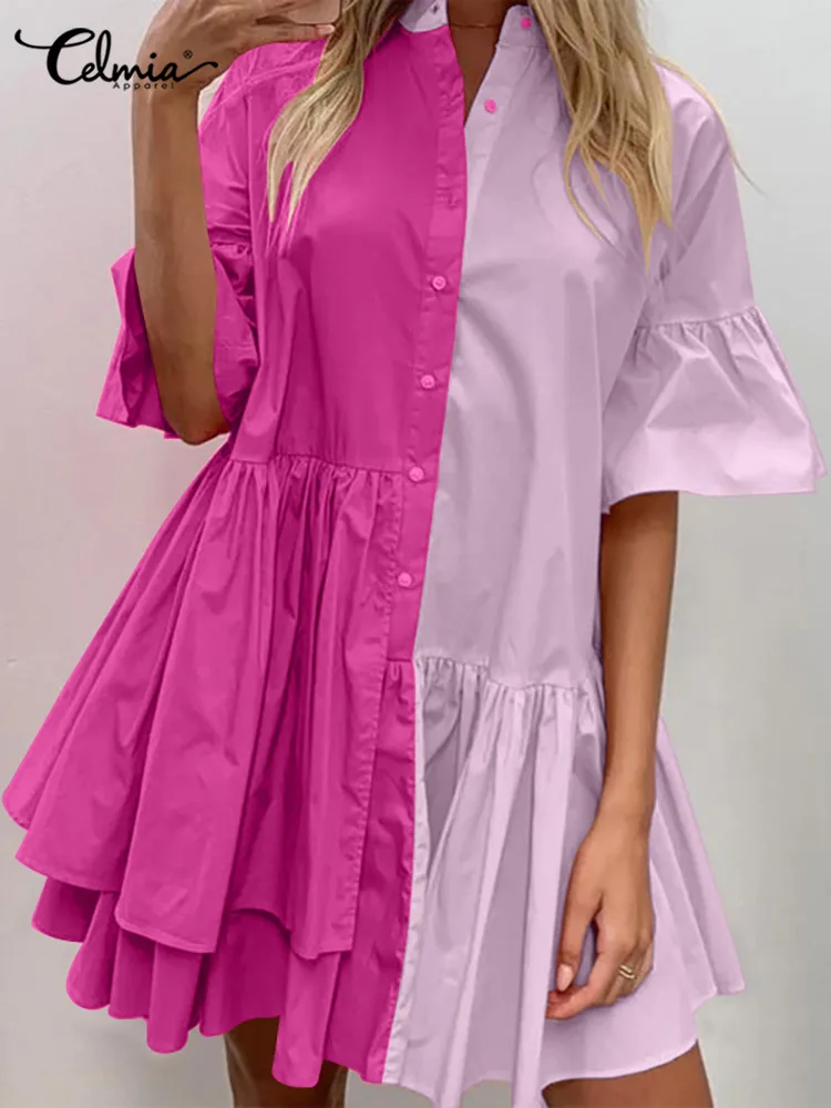 

Модное мини-платье Celmia с расклешенными рукавами, повседневное свободное лоскутное женское платье с оборками, плиссированный женский корот...