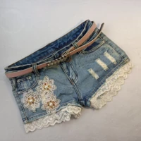 2022 new fasion lace flower beading jeans hole shorts vintage women antique shorts sexy pearl decoration free shipping