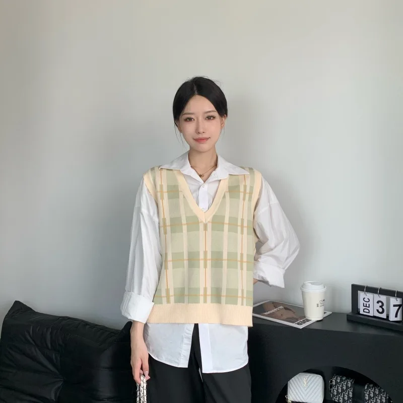 

Осенне-зимняя клетчатая майка с V-образным вырезом Женская Стандартная трикотажная одежда в студенческом стиле корейский винтажный свитер для женщин