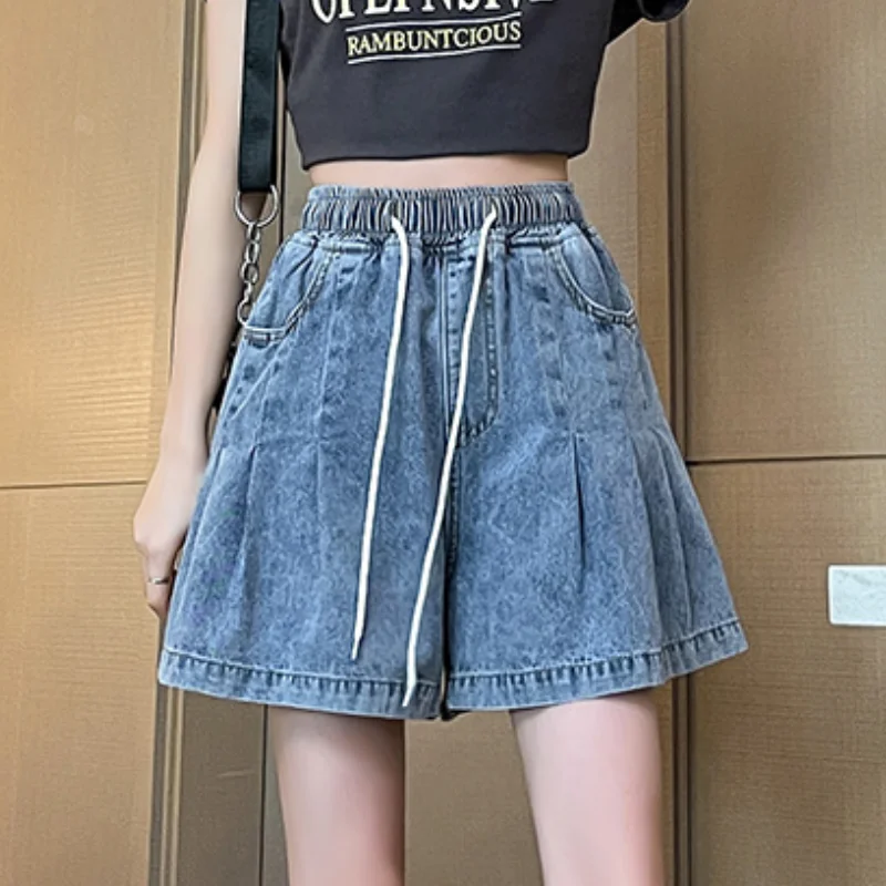 

Plus Size Women's Denim Shorts Summer Korean Fashion Casual A-line Wide-leg Loose High Waist Slim Mini Pants Students Dancing
