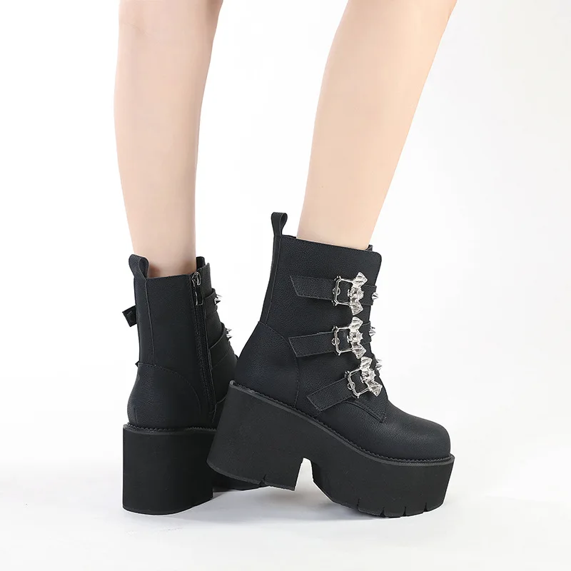 Spring Bat Metal Decorative Martin Boots Women's Thick Sole Short Boots Gothic Belt Buckle Sponge Shoes Platform Fashion Boots