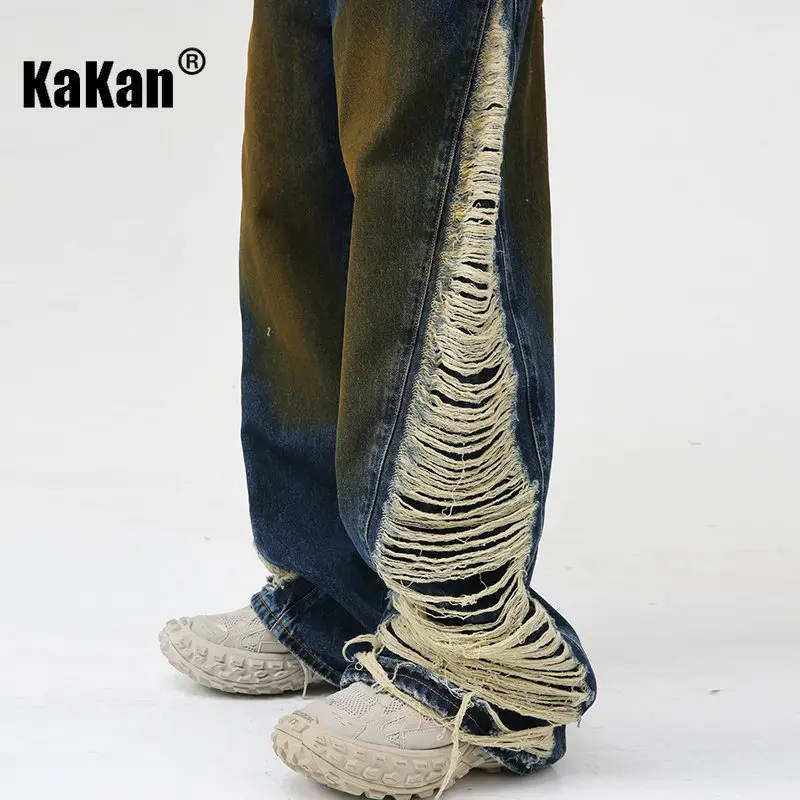 Kakan - New Nostalgic Washed Water Waist Perforated Jeans for Men, Korean Deep Blue Jeans K50-0365