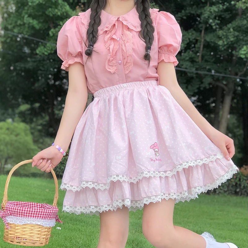 

Sanriod Anime Around Mymelody Summer Sweet Ladies Skirt All-Match Lace High Waist Cake Skirt Pleated Skirt Gift for Girlfriend