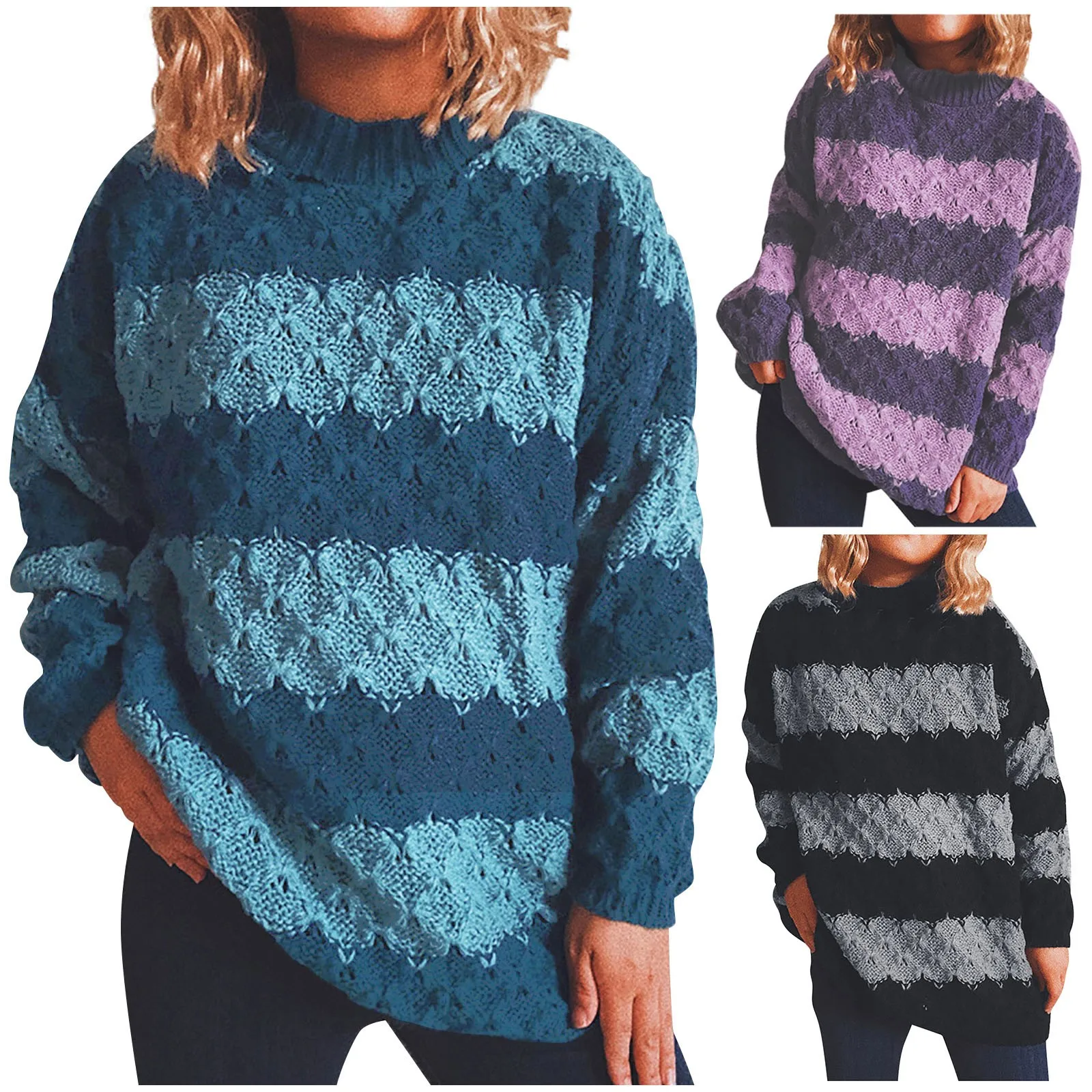 

Ladies Winter Autumn Pullover Striped Sweater Crewneck Women's Knitted Sweater Temperament Warm Sweater