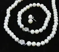 8-9mm White South Akoya Sea Pearl Hand Knotted Necklace Bracelet Earrings Set