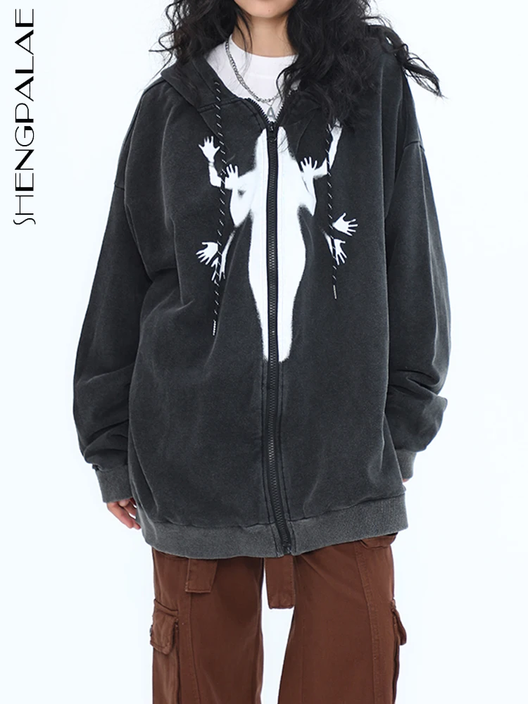 

SHENGPALAE, модные женские толстовки с капюшоном, с принтом теней, на молнии, с длинным рукавом, повседневный Свободный свитшот, осень 2023, новинка, R4593