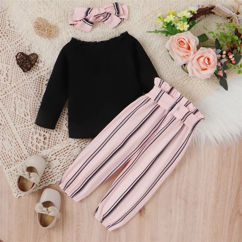 

Kid Clothes Girl Pants Suit Long Sleeve Off Shoulder Solid Color Button Tops Long Striped Pants Head Band Baby Clothing