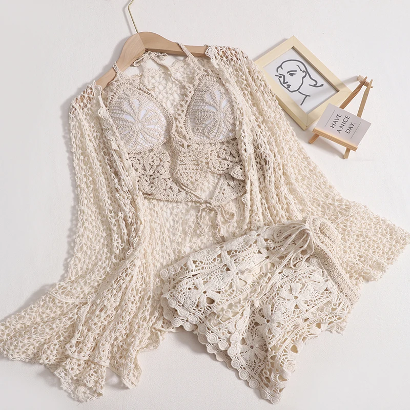 

Summer Beach Style Three-Piece Set Women Lace-up Hanging Halter Bra Flared Long Sleeve Cardigan Lace Up Shorts Suit