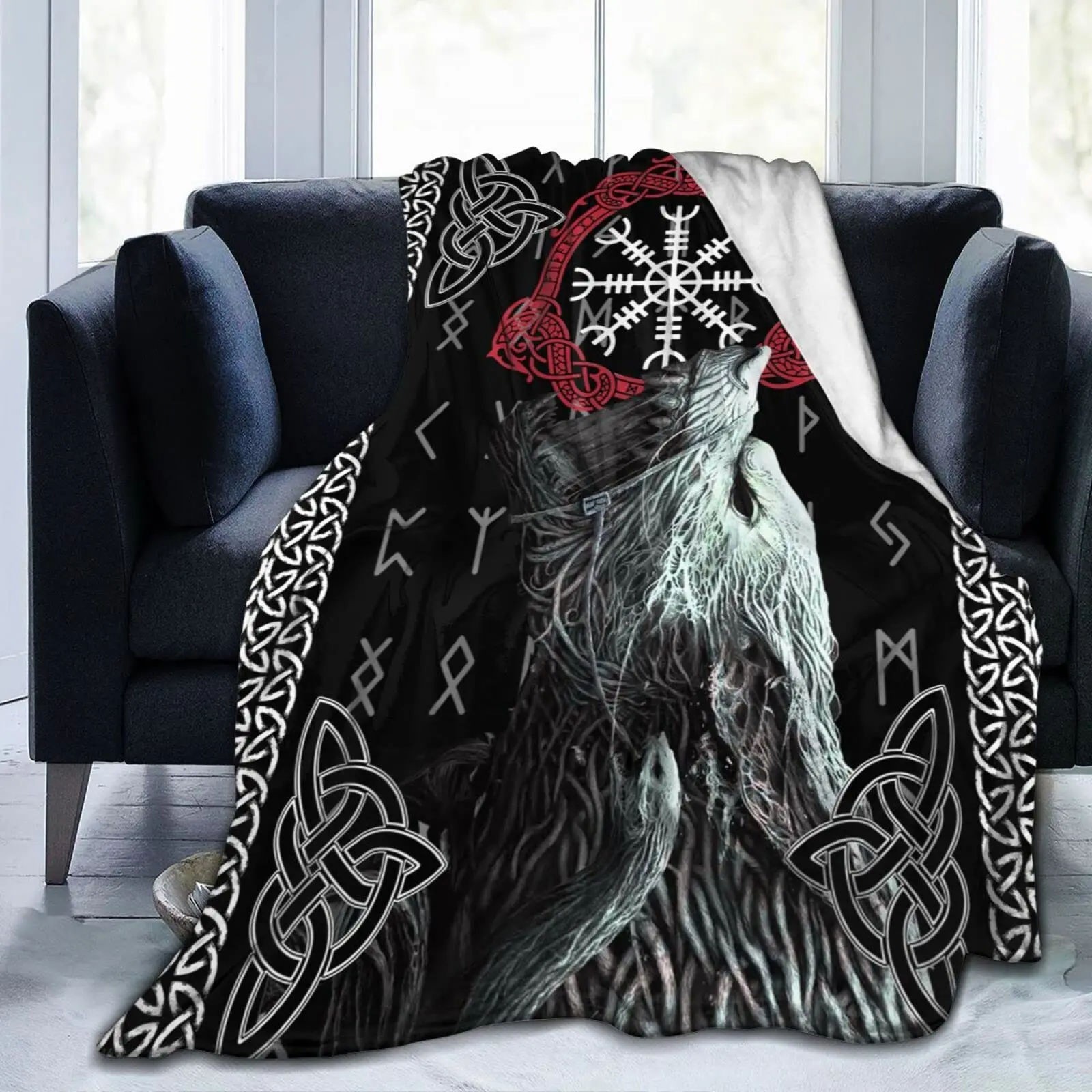 

Throw Blanket for Couch Viking Red and Black Crow Super Soft Cozy Micro Fleece Blanket Novelty Fluffy Bed Plush Lightweight Warm
